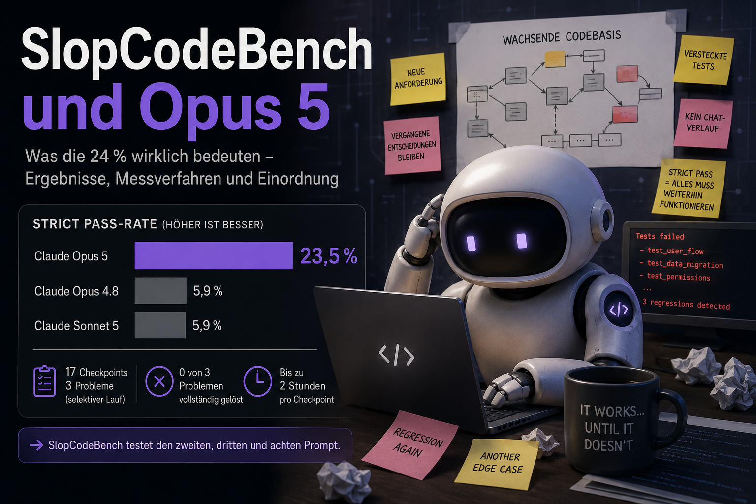 SlopCodeBench und Opus 5: Strict-Pass-Rate von 23,5 % gegenüber 5,9 % bei Opus 4.8 und Sonnet 5, bei 17 Checkpoints aus 3 Problemen und 0 vollständig gelösten Aufgaben
